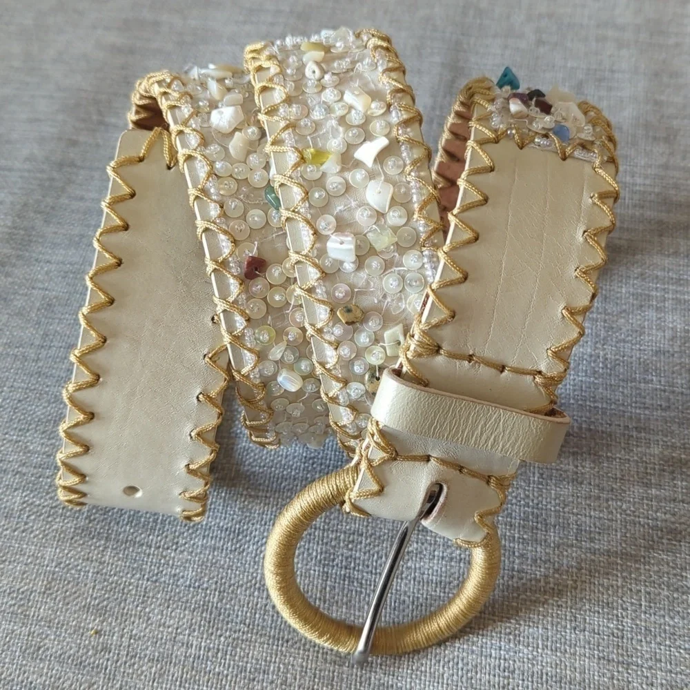 Ivory Genuine Leather Beaded Belt Gold Whipstitch Sequin Boho Western